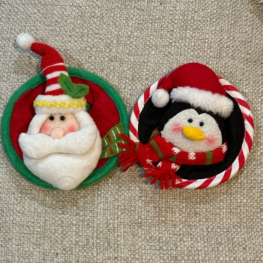 Vintage Pier 1 Cloth Santa Penguin Wine Glass Base Coasters 2pc Set
